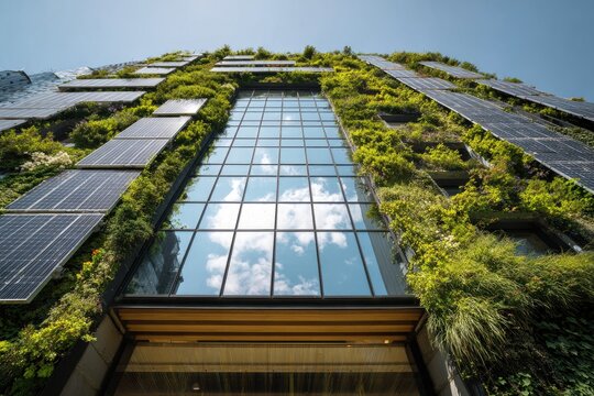 A striking low-angle view showcases a modern building integrated with lush greenery and solar panels, highlighting sustainable architecture and a harmonious blend of nature and technology.