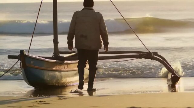 Fisherman walking from dry sand into wet surf, approaching outrigger boat and preparing for fishing
