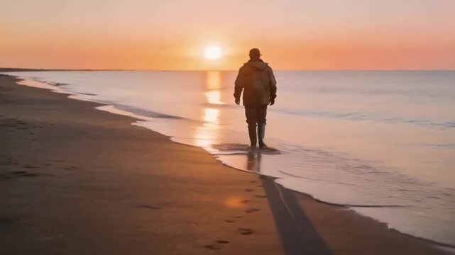 Walking person wearing hooded jacket cap boots leaving prints on beach, sun drawing them seaward