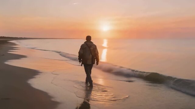Walking man wearing hoodie and boots, carrying bag holding tripod, seeking sunrise on wet sand