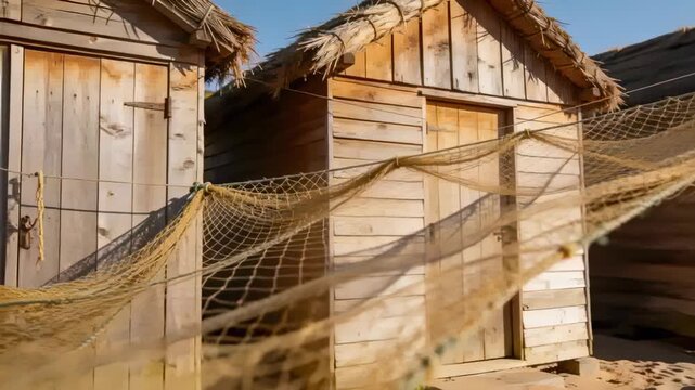 Panning camera revealing coastal huts, stretched fishing net casting shadow to reveal central door