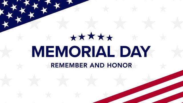 Memorial Day greeting animation with USA flag stars and stripes corner frame on white background.
