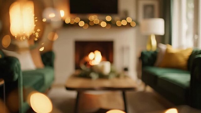 Cozy Living Room Fireplace Warm Glow Bokeh Lights Relaxing Ambiance