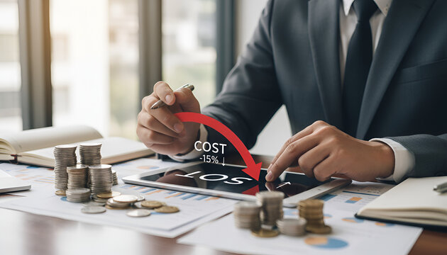 Businessman analyzing cost reduction on tablet with financial documents and coins