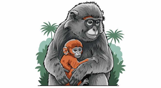 Adult monkey cradles its bright orange baby with jungle foliage background