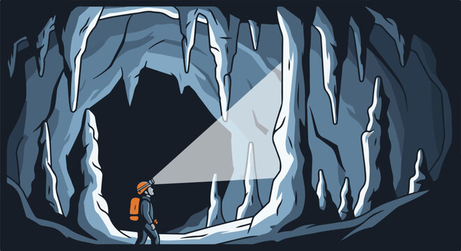 Adventurer with headlamp explores a vast icy cave with stalactites and stalagmites