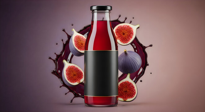 Fresh organic fig juice in a glass bottle with a clean black blank label