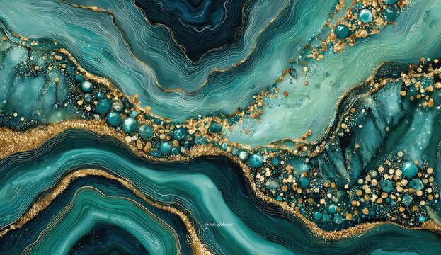 An abstract artwork showcases swirling patterns of teal, green, and gold, resembling a geode or agate slice with intricate details and a luxurious aesthetic.