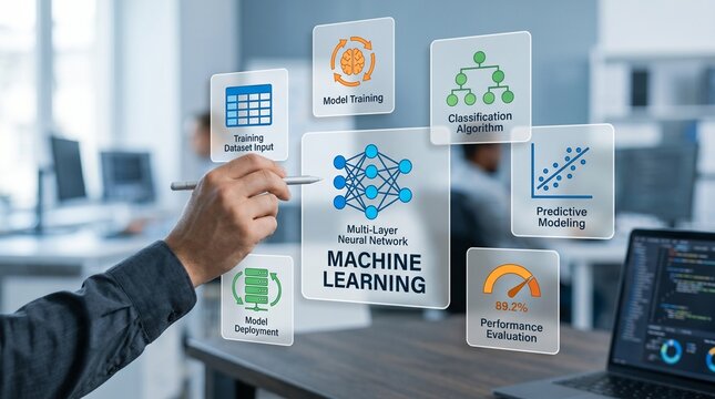 A person interacting with a machine learning interface in a modern office setting