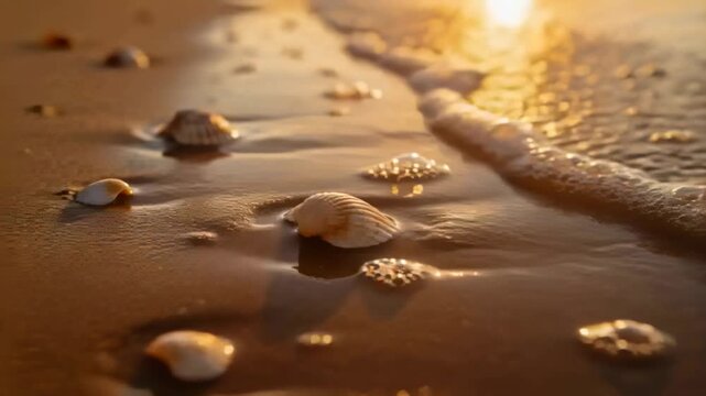 Lapping wave surrounding scallop shell cluster on shoreline at golden hour, advancing upshore