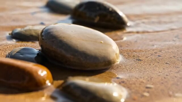 Sitting central pebble catching thin water film flowing around wet sand, creating expanding ripples