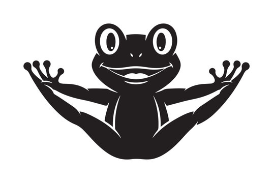 Cute kawaii frog yoga pose illustration, playful amphibian stretching in a minimalist graphic style, digital art, front view, black and white design