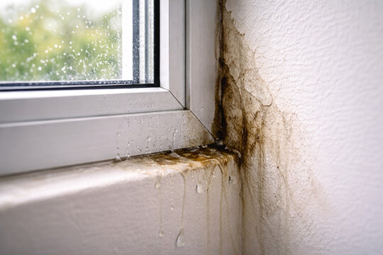 Water damage and mold near window in urban home setting