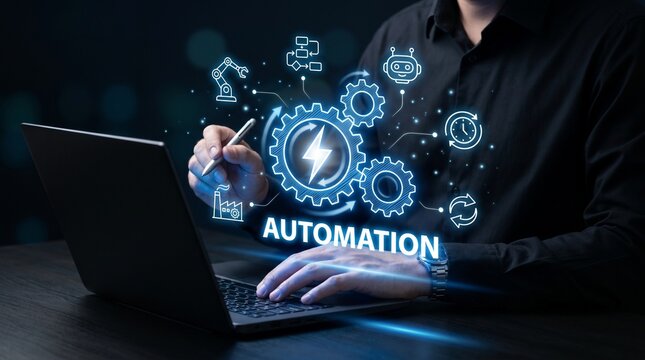 A man in a dark shirt working on a laptop with automation graphics floating above the keyboard.
