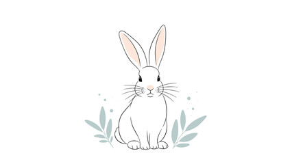 Obraz premium Peaceful illustration of a white rabbit sitting calmly among soft green plants and floating decorative dots.