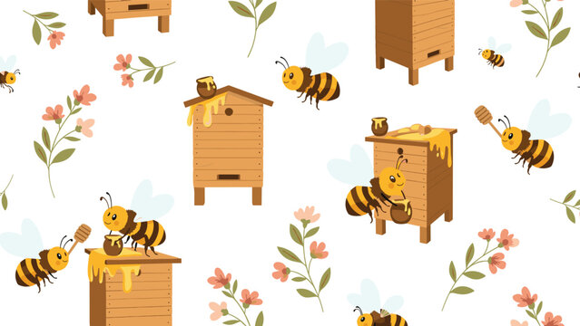 Bee themed seamless pattern featuring wooden beehives busy honey bees honey pots and delicate spring flowers.
