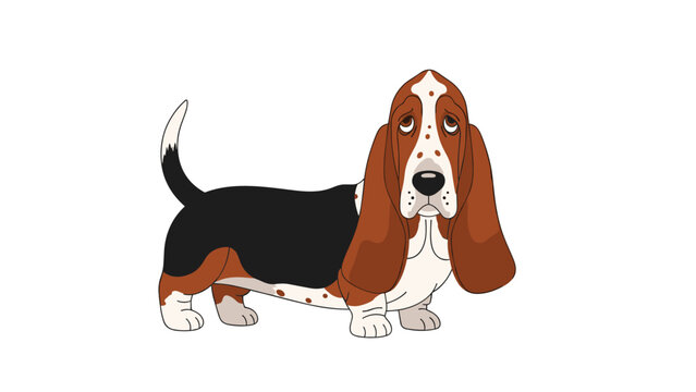 Cartoon basset hound dog character with long ears and a sad expression standing isolated on white background.
