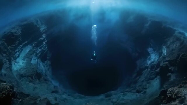 Scuba diver initiating steady descent into blue hole, trailing bubbles while exploring ocean abyss