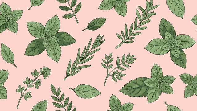 Aromatic fresh herbal seamless pattern with green mint basil and rosemary leaves on a soft pink background.