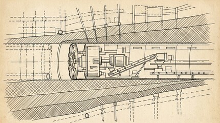 Obraz premium Detailed Engineering Illustration of Tunnel Boring Machinery in a Construction Environment