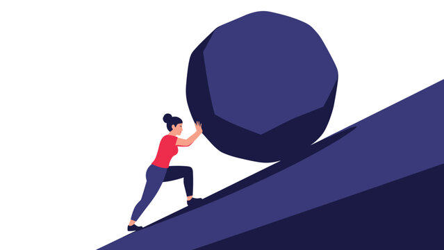 Illustration of a determined woman pushing a large heavy boulder up a steep incline representing struggle and perseverance.