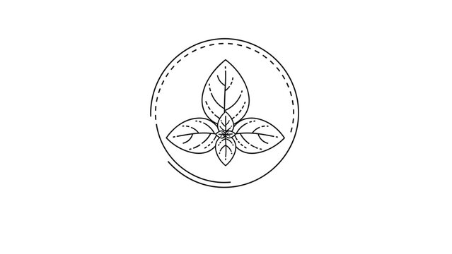 Hand drawn black and white line art of basil leaves within a circular frame isolated on a plain white background.