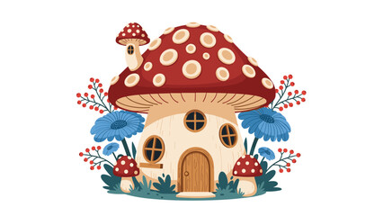 Fototapeta premium Whimsical fairy house shaped like a red spotted mushroom surrounded by large blue flowers and small red berries on a white background.