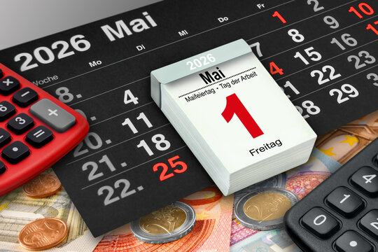 Deutscher Kalender 1. Mai 2026  Tag der Arbeit mit Rechner schwarz rot und Euro