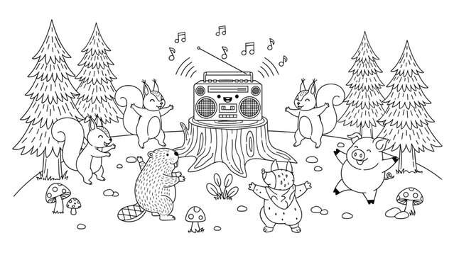 Fun black and white coloring book page illustration of forest animals dancing to music from a radio in the woods.