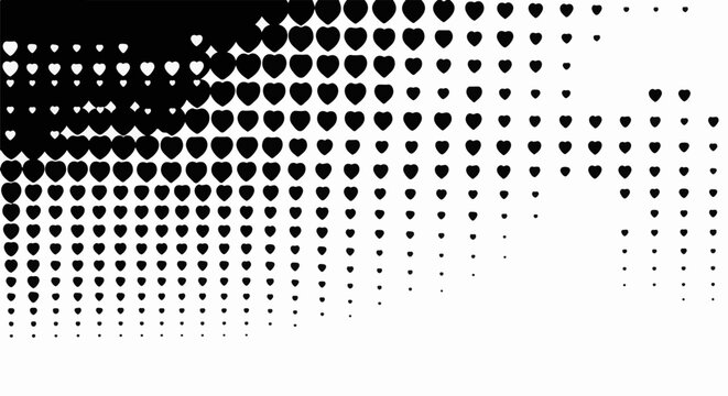 Abstract pattern of decreasing black heart shapes on a white background