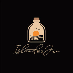 Island in a jar logo with a sunset design, ideal for travel agencies, beach resorts, tropicalthemed products, and vacationrelated businesses. Relaxing and exotic branding concept. © Shoimatun