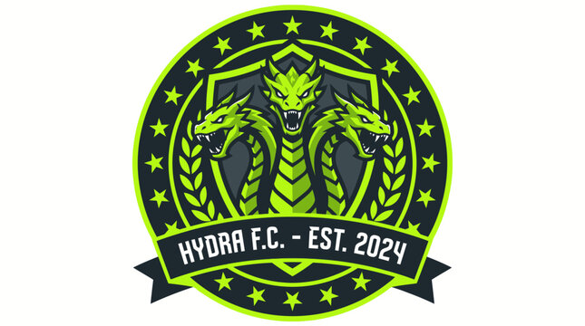 A dynamic and menacing vector sports crest featuring a fierce three-headed mythical creature with vibrant green snarls, ideal for an aggressive football or soccer team emblem design