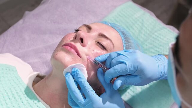 Injection facial rejuvenation. Biorevitalization and mesotherapy. A cosmetologist injects cosmetic preparations into the facial skin to moisturize, firm and rejuvenate the skin.