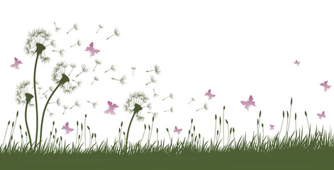 Flowers dandelion field with a flock of butterflies. © designer_an