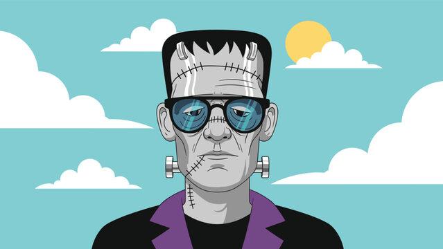Frankenstein monster portrait wearing stylish sunglasses against a bright blue sky with fluffy white clouds and a yellow sun in pixel art style.