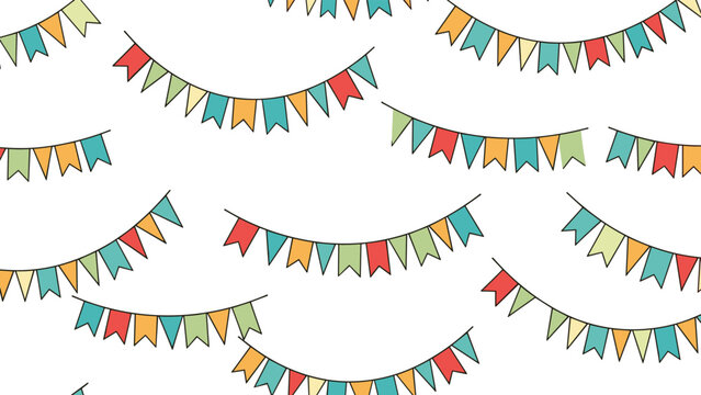 Seamless pattern featuring festive colorful bunting flags hanging on strings, creating a joyful and celebratory background for party designs.