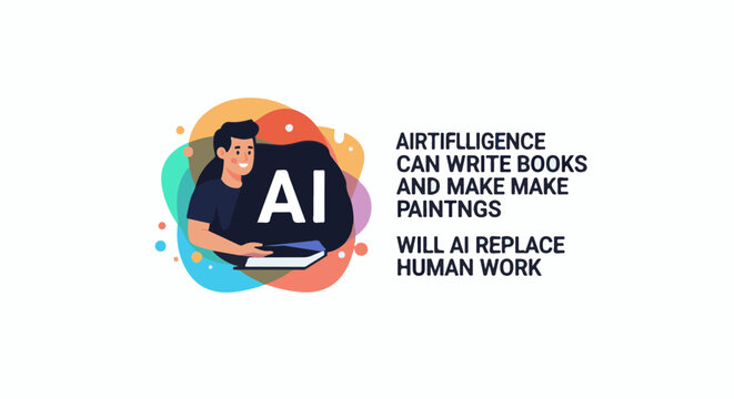 Animated man with "AI" text box, asking if artificial intelligence will replace human work