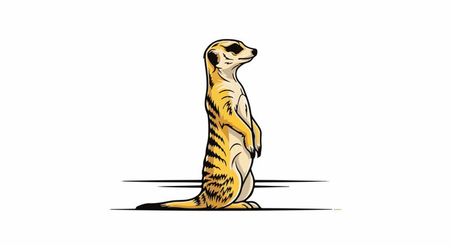 Animated meerkat standing alert on hind legs, striped fur, black eye markings