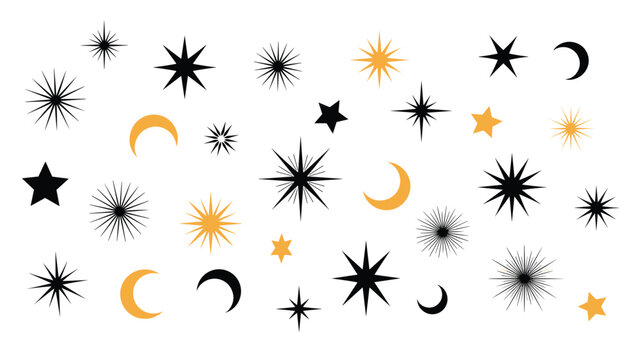 Celestial illustration collection of various black and golden stars and crescent moons scattered across a clean white background for design.