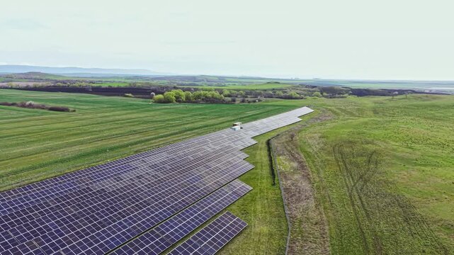 Rows of solar panels stretch across a green field. The sun is shining down on the panels, showing their placement in the landscape. Mountains are in the distance beyond trees.