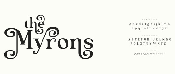 A elegant typography design of the Myrons font with alphabet letters on a white background © Font