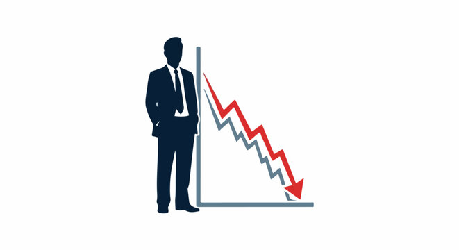 Businessman stands by a downward trending graph with arrows