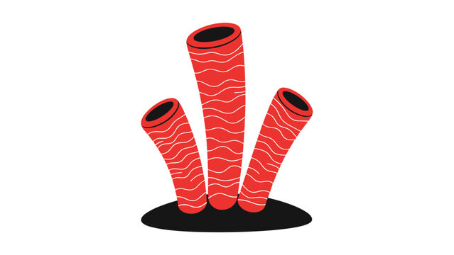 Three vibrant red sea sponges or coral tubes with wavy patterns on a dark base isolated on white background.