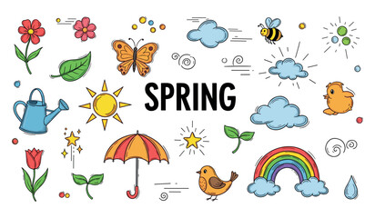 Naklejka premium Spring themed doodles with flowers birds rainbow and sun motifs