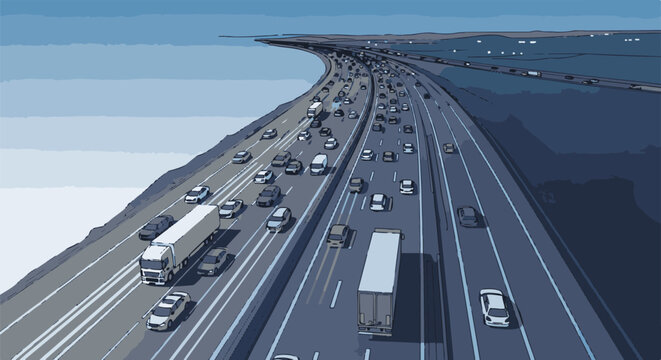 Busy multi-lane highway at twilight, vehicles on road