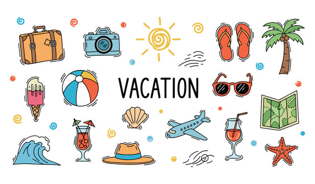 Vacation travel icons featuring suitcase camera and seaside items