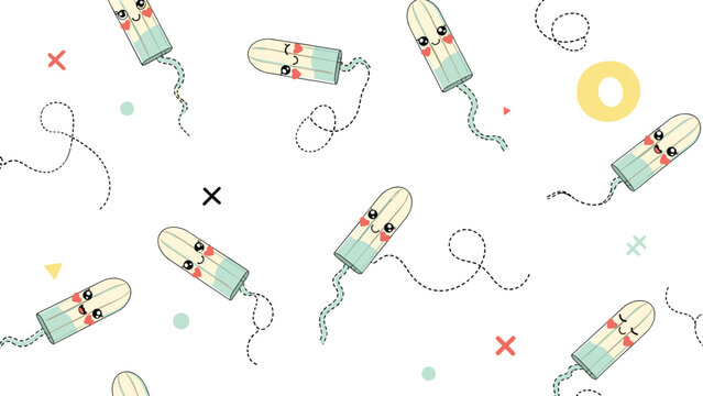 Kawaii tampon pattern with cute smiling faces and tiny hearts represents feminine hygiene in a fun and approachable art style.
