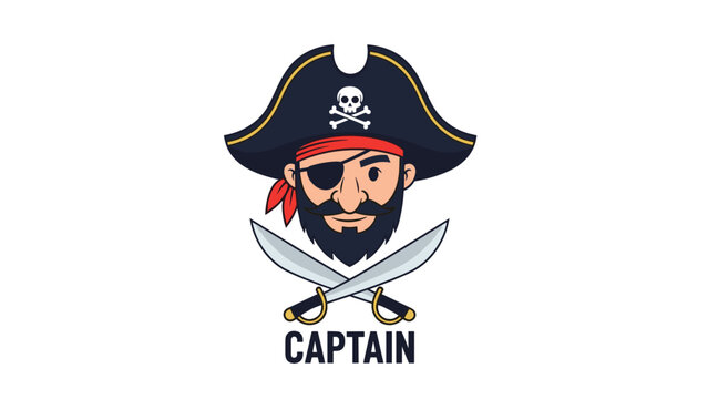 Pirate captain mascot character wearing a traditional bicorne hat with skull logo and crossed swords below his bearded face.