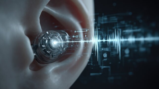 Futuristic hearing aid device inserted in a human ear with digital sound wave visualization and data interface, advanced medical technology concept