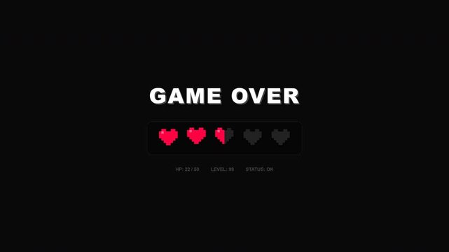 Game over pixel hearts depletion animation featuring a retro gaming life bar that vanishes heart by heart in a cinematic steady cam motion shot